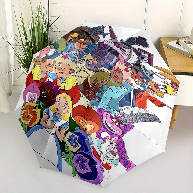 

Alice in Wonderland Themed Automatic Opening and Closing Folding Umbrella, Reinforced 8 Ribs, Compact Travel Design, Fashionable Folding Umb