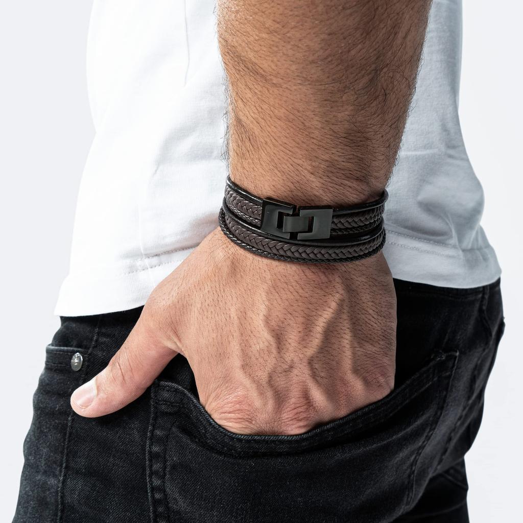 Smykker 46cm Brunt Armbånd Menn Gaveeske Ekte Lær Flettet Kuskinn Justerbar Magnetisk Lås Wrap Tau Mannlig Gutter Bånd Magnetisk Tilbehør