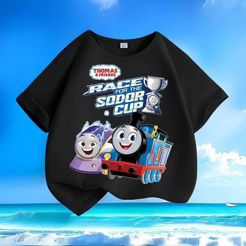 Thomas the Train Cartoon Summer New Style Boys and Girls Small Children Short-Sleeved T-Shirt 100% Cotton Round Collar Loose Top