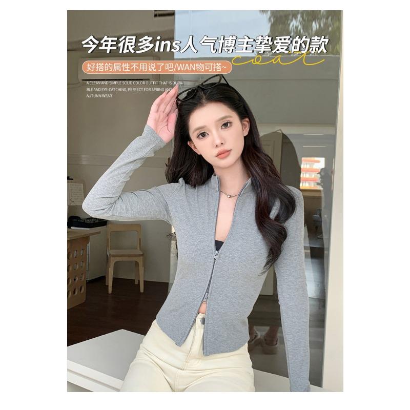 Women S Stand Collar Double Zip Knit Jacket Slim Fit Short Long Sleeve Top