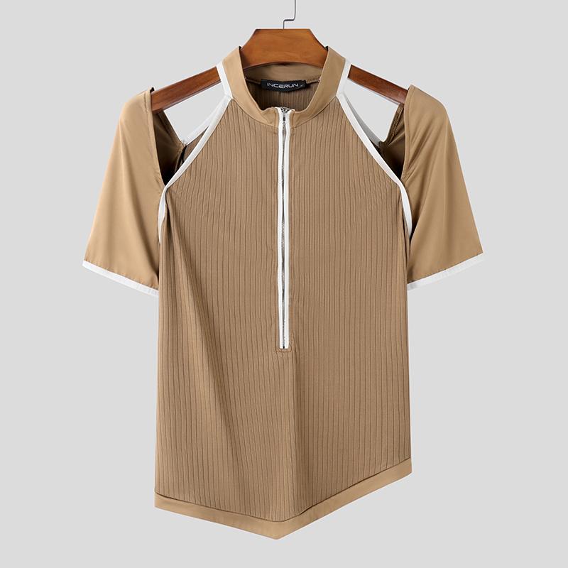 

INCERUN Летние мужские футболки с вырезом и коротким рукавом, с застежкой-молнией, в рубчик, повседневные, тонкие, топы 2XL