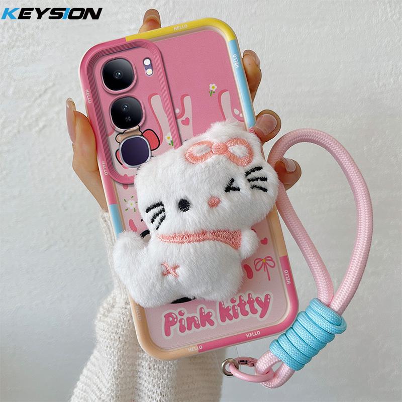 KEYSION Cute 3D Cartoon Plush Case for VIVO V40 Lite V40 SE 80W with Lanyard Soft Silicone Shockproof Phone Cover for VIVO Y19S Y200 5G