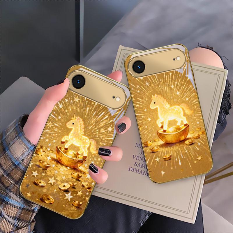 The shining golden pony For IPhone 17Pro Max 16 17 Pro 15 Pro 14 13 Plus 12 Mini 11Pro Max XR 16E 17 Air Golden glass phone case