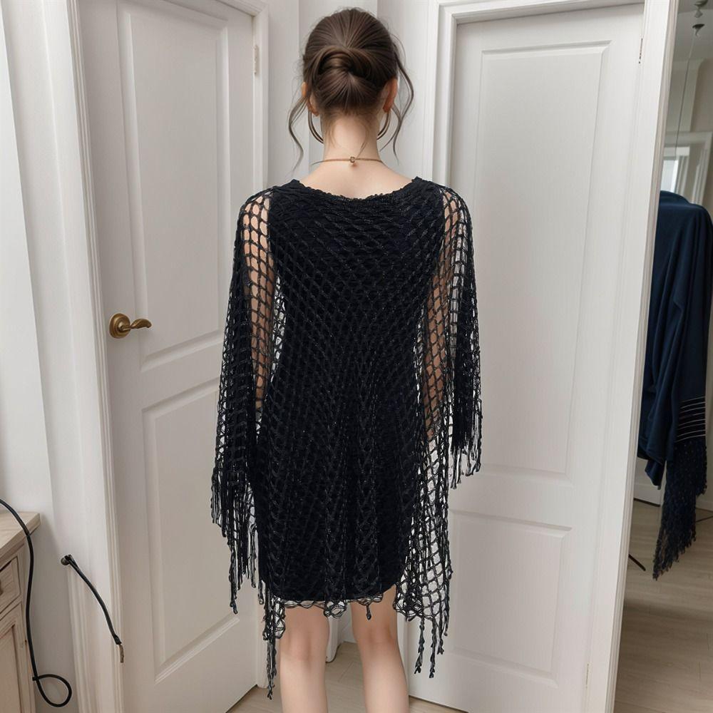Tassel Sunscreen Cover-up Loose Fit Knit Hollow Out Top Simple Fishnet Swimsuit Cover Up  Vacation