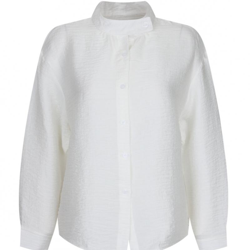 [Shop  ] Women S No Collar Daily Wrinkle finiSh Simple Long Sleeve blouSe Shirt Egg Wbl 21205 Black