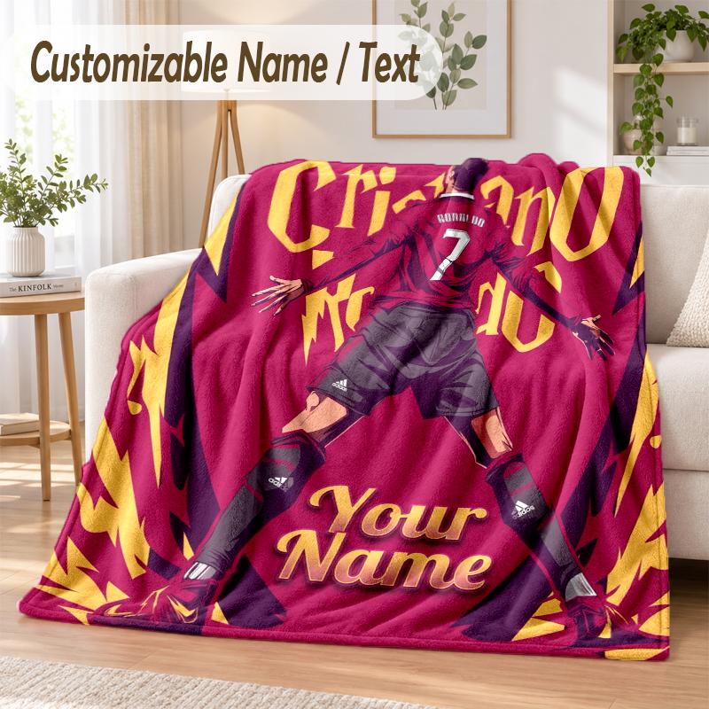 Custom Text Flannel Blanket Cristiano Ronaldo Print Warm Cozy Blanket Home Sofa Bedding