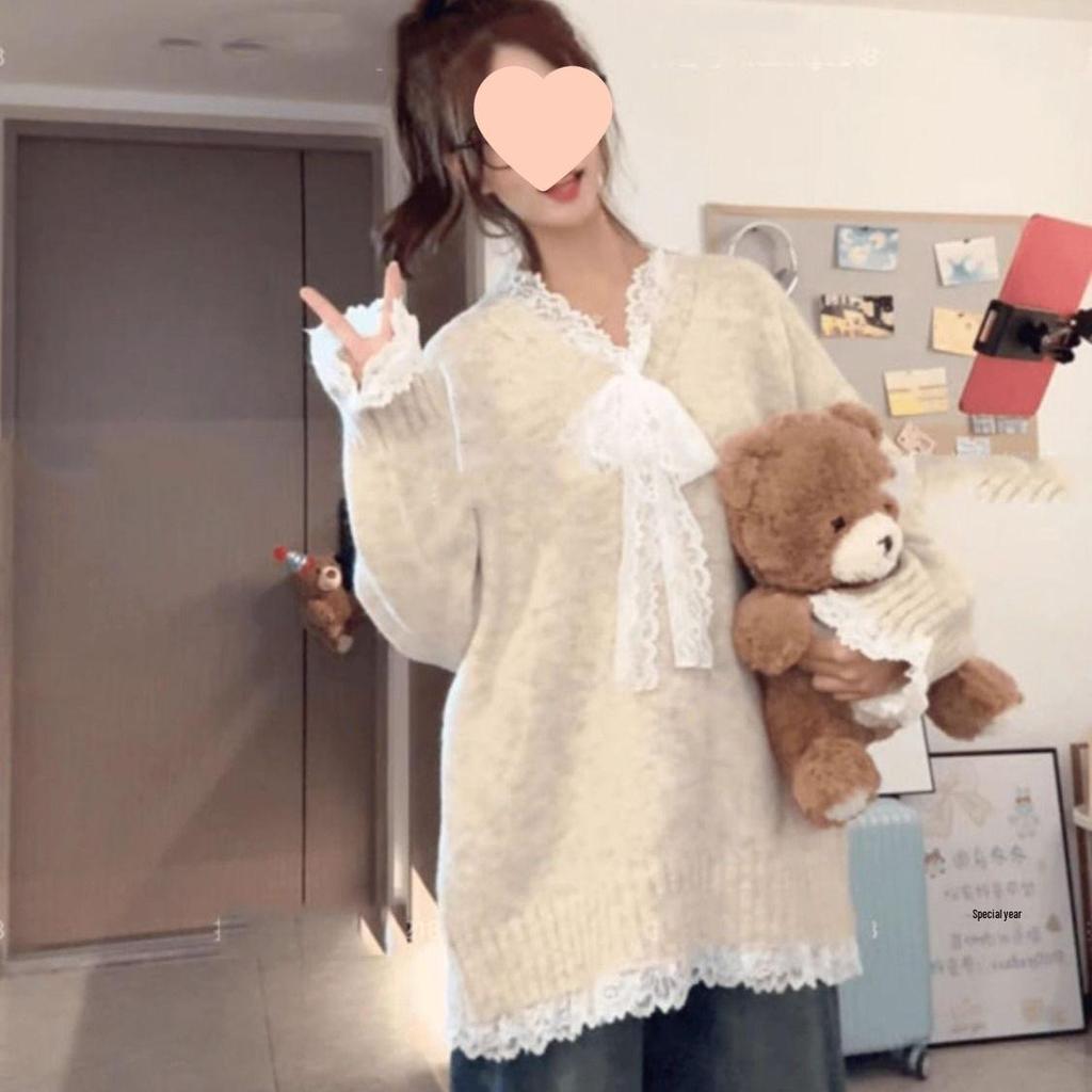 Grey Lace Long Sleeve Loose Knit Sweater - Spring/Autumn Design
