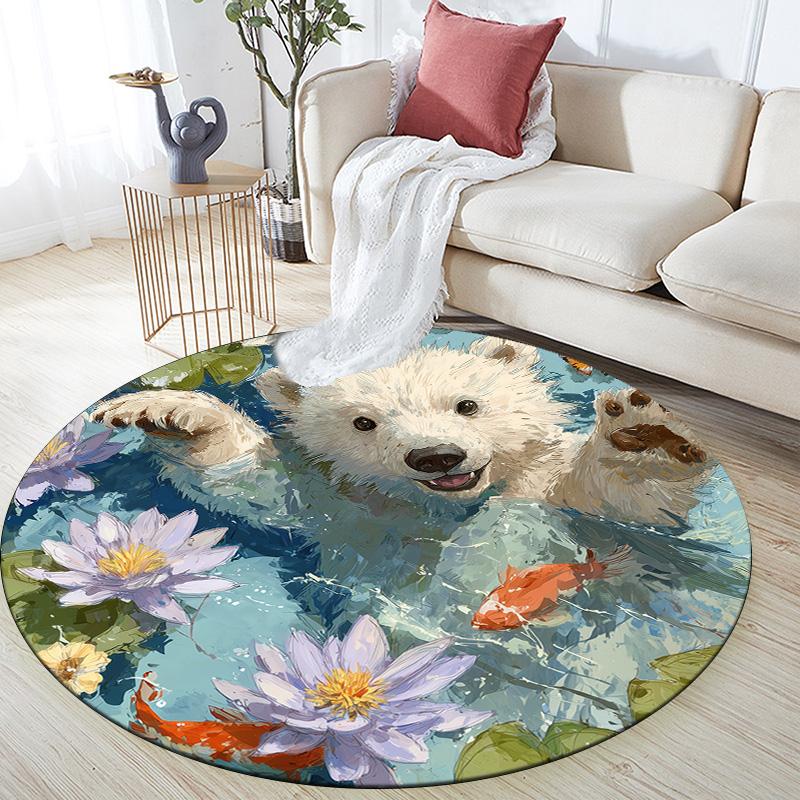 Pond Lotus Animals,Round Area Rug,Carpet Rug for Living Room Bedroom Sofa Playroom Decor,Non-slip Floor Mat