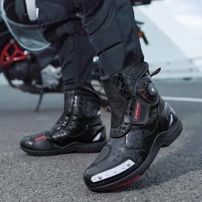 Men Motocross Boots Waterproof Urban Riding Shoes Black Motorcyclist Boots Leather Motorcycle Supplies Retro Motorcycle Shoes
