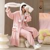 Fluffy Long-eared Hooded Nightgown with Trousers 2 Piece Set Winter Flannel Thickened Warm Pajamas Set Pink Cute Cartoon Robes