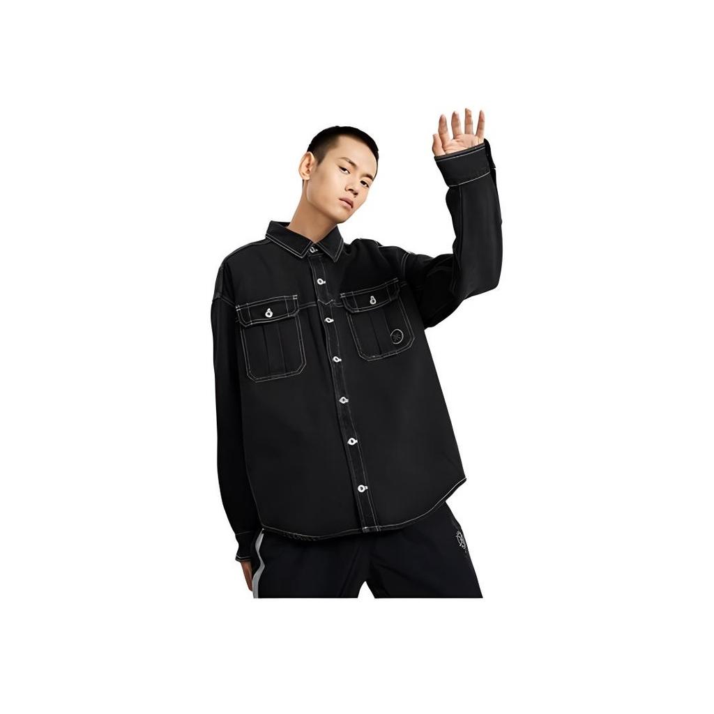 Li Ning Wade Series Long Sleeve Polo Loose Denim Jacket Men Jackets Black AJDR243-1