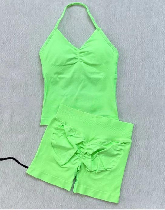 JYL Seamless Backless Two Piece Set Padded Halter Top Fitness Shorts