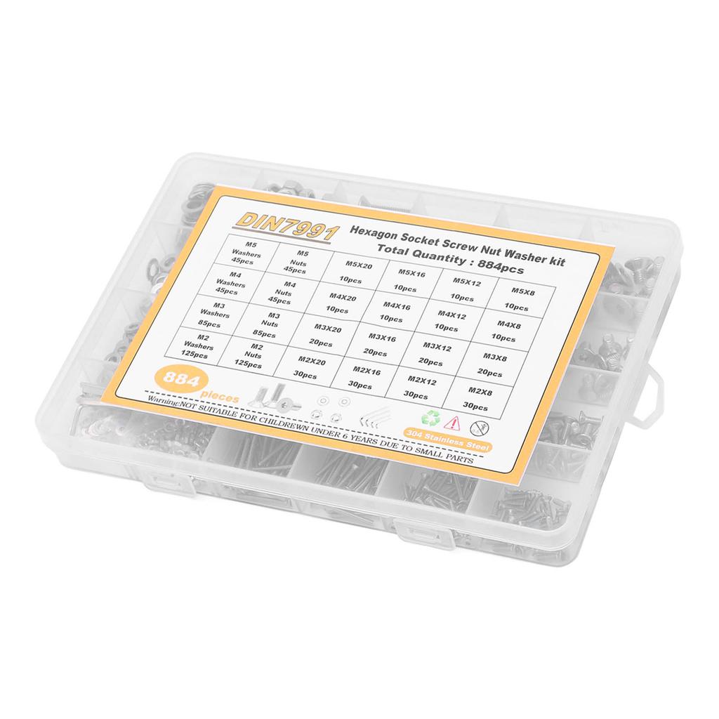 M2 M3 M4 M5 Countersunk Head Hex Socket Screw 304 Stainless Steel Screw Nut Washer Assortment Set