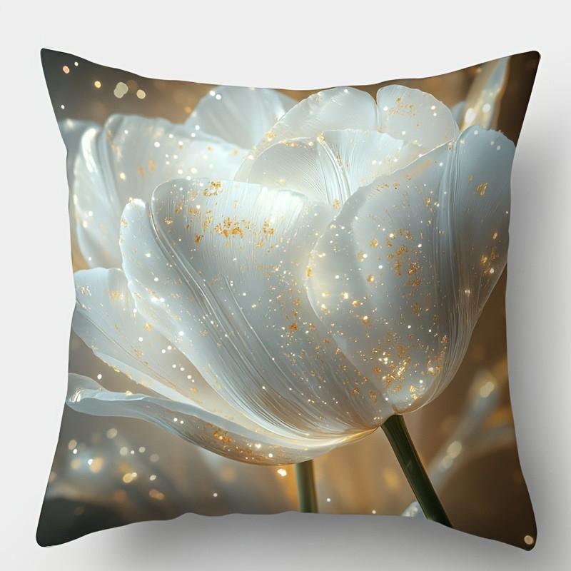Glittering White Tulips Pillow Covers Pattern Cushion Cover Suitable For Sofa Bedroom Car Pillow Cover