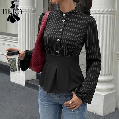 Damenmode Lässig Frühling Herbst Streifendruck Langarm O-Ausschnitt Blusen & Hemden