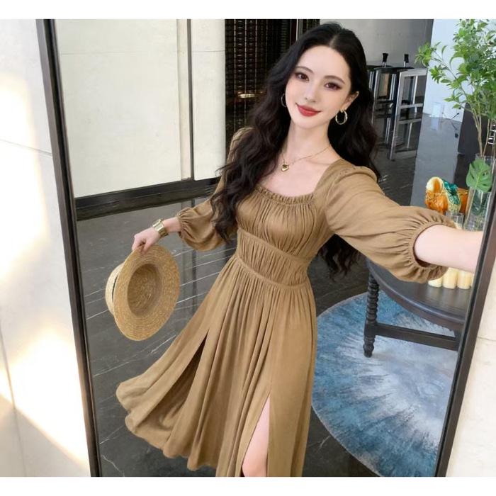 Elegant Autumn Seven-Sleeve A-Line Dress for Women: Slim Fit, Mid-Length with Stylish Slit S
