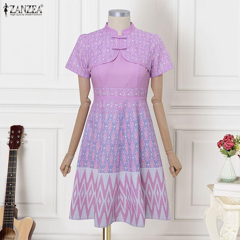 ZANZEA Women Summer Stand Collar Casual Short Sleeve Print Dress