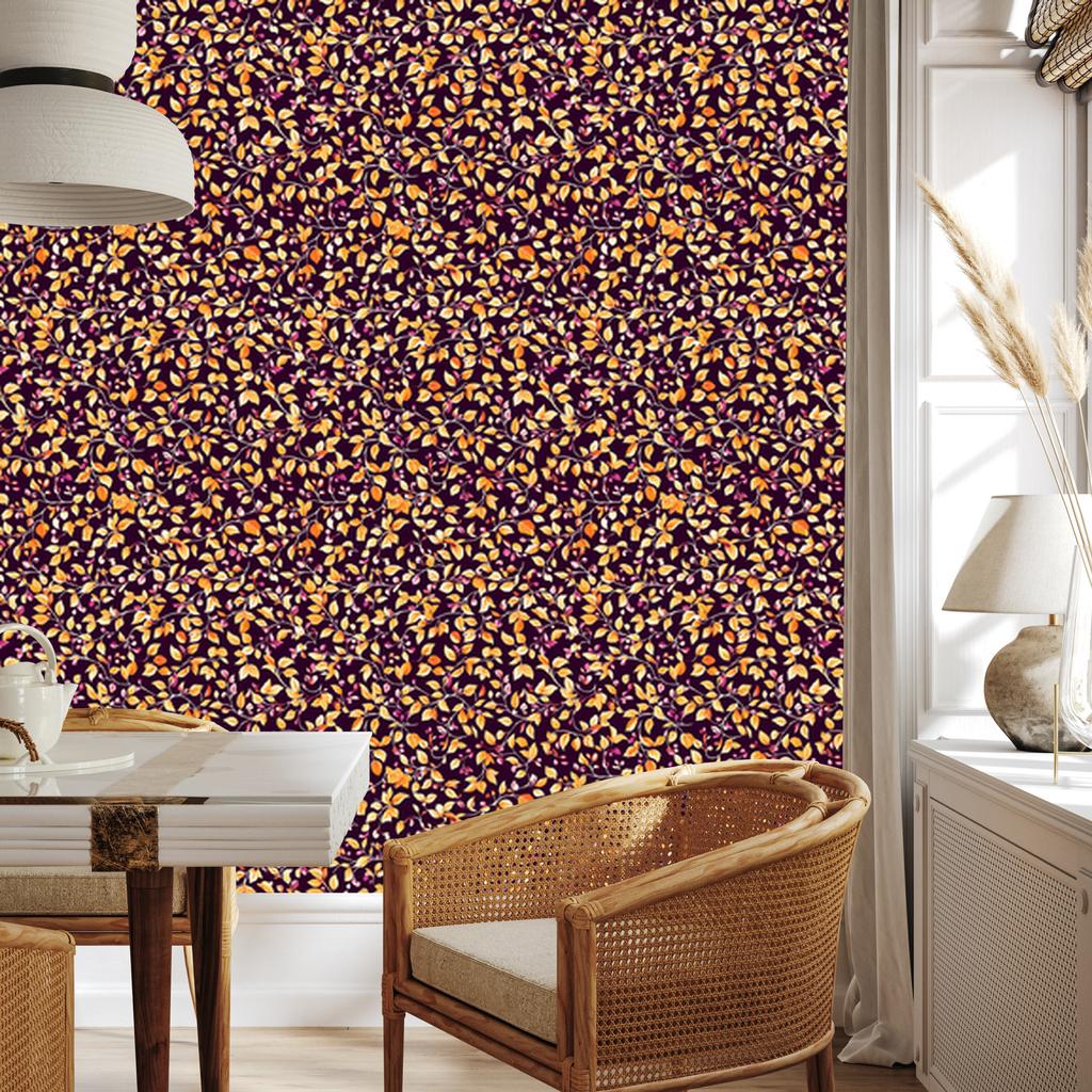 Intricate floral pattern wallpaper, burgundy and orange, 50x1000
