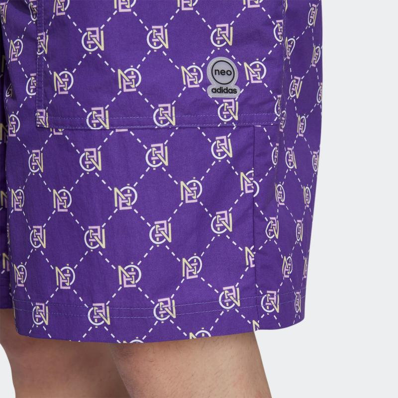 Adidas Neo All Over Print Drawstring Elastic Waist Straight Leg Shorts Unisex Shorts Purple HM2031
