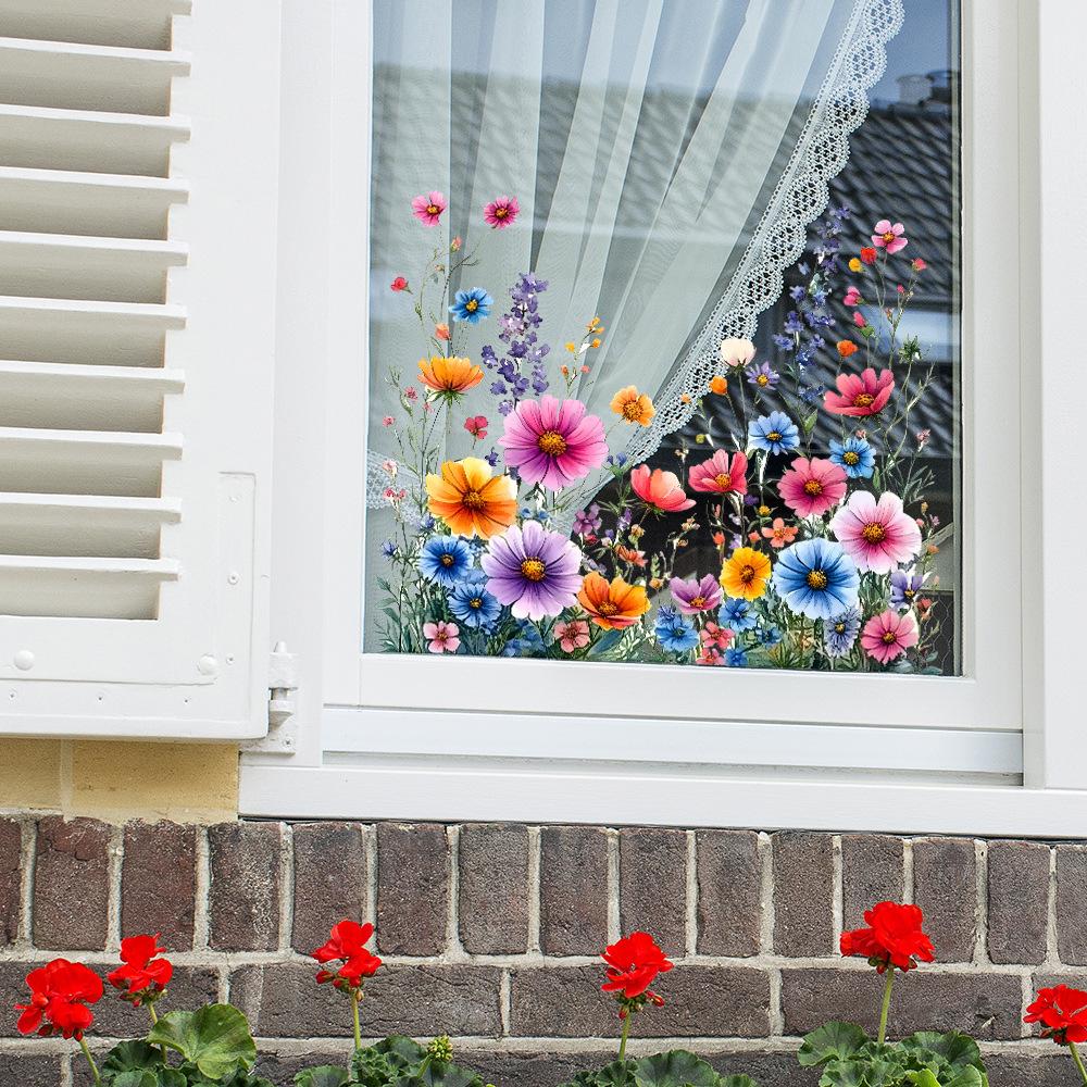 Bright Watercolor Flower Leaves Balcony Glass Windows Home Beautification and Decoration Static Electricity Window Stickers