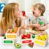 TooyBing Wooden Play Food Toy Set for Kitchen 30 Montessori Cut Color Sort Fake Fruit Accessories with 4 Toddler Play Birthday Gift for Boys and Girls