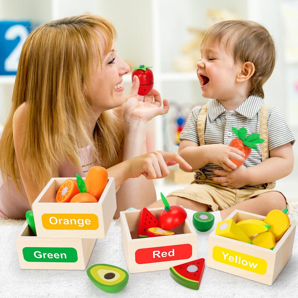 TooyBing Wooden Play Food Toy Set for Kitchen 30 Montessori Cut Color Sort Fake Fruit Accessories with 4 Toddler Play Birthday Gift for Boys and Girls