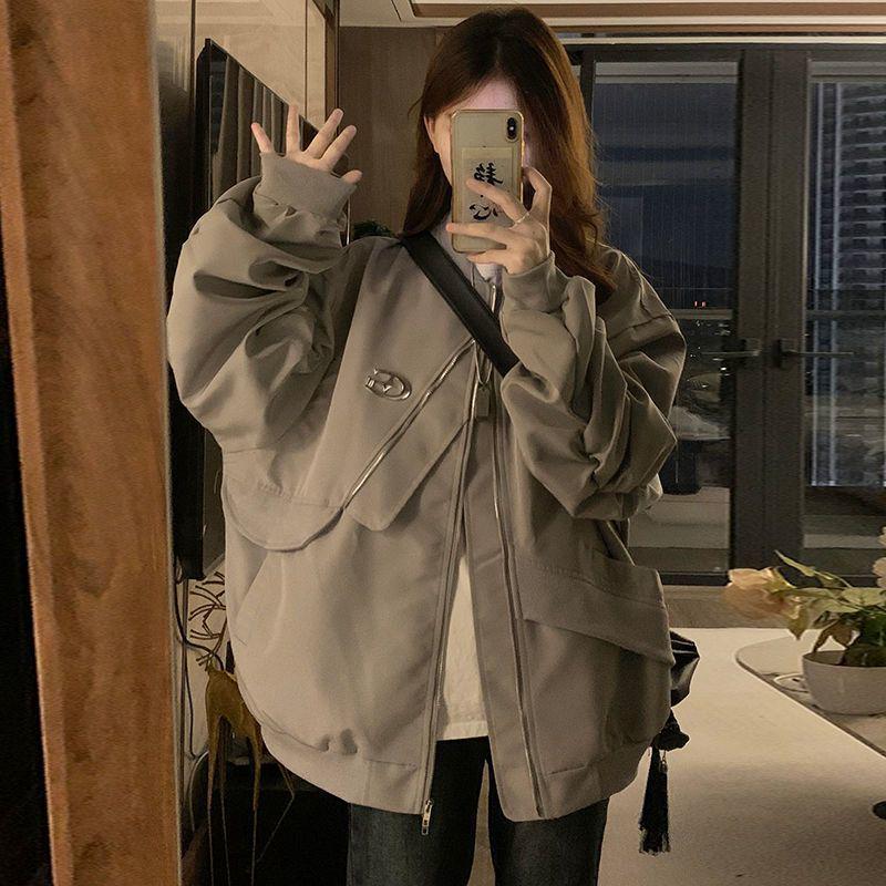 Women's Loose Irregular Flight Jacket - American High Street Style, Spring & Autumn Neutral Workwear Baseball Jacket.