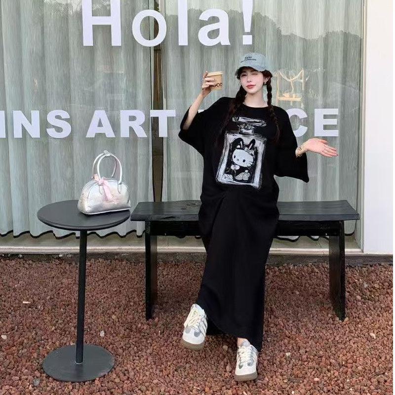 Lazy Loose Cartoon Printed Short-sleeved T-shirt Long Dress Women's Korean Summer New Long Retro Salt Dress