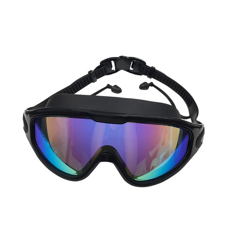 Large Frame Plated Waterproof Anti-Fog Swimming Goggles with One-Piece Earplugs for Men and Women