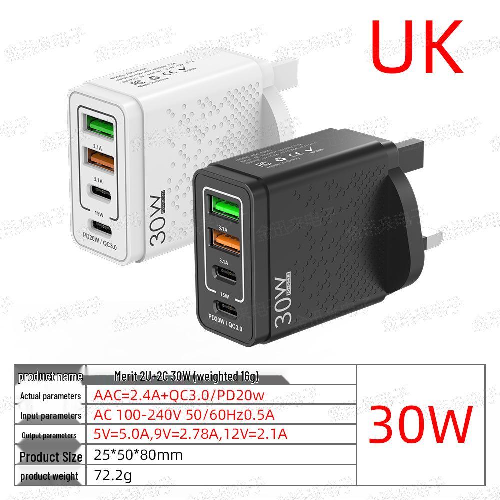30W Multi-Port Phone Charger with QC3.0 Fast Charging, EU/US/UK Standard