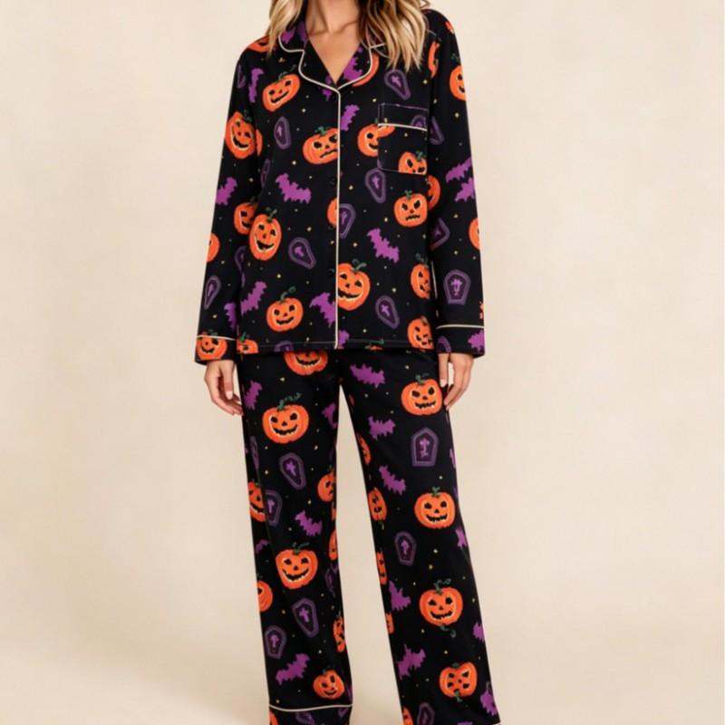 Womens Long Sleeve Pajama Set With Lapel Collar Cartoon Print Loose Fit Winter Home Wear