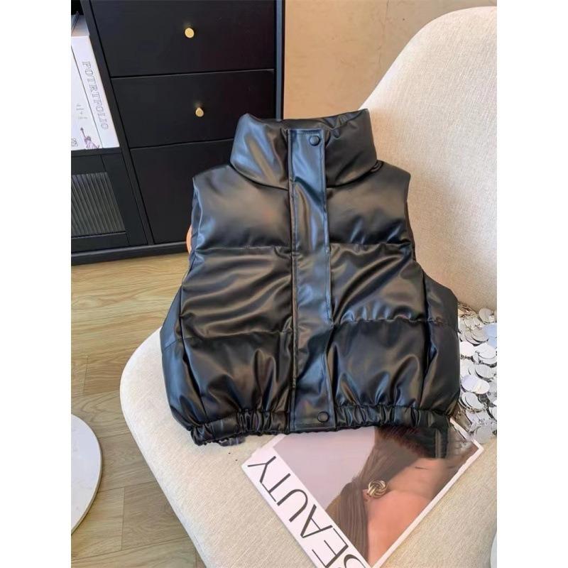 Leather simple down cotton clothes vest women's autumn and winter new student small stand-up collar solid color coat