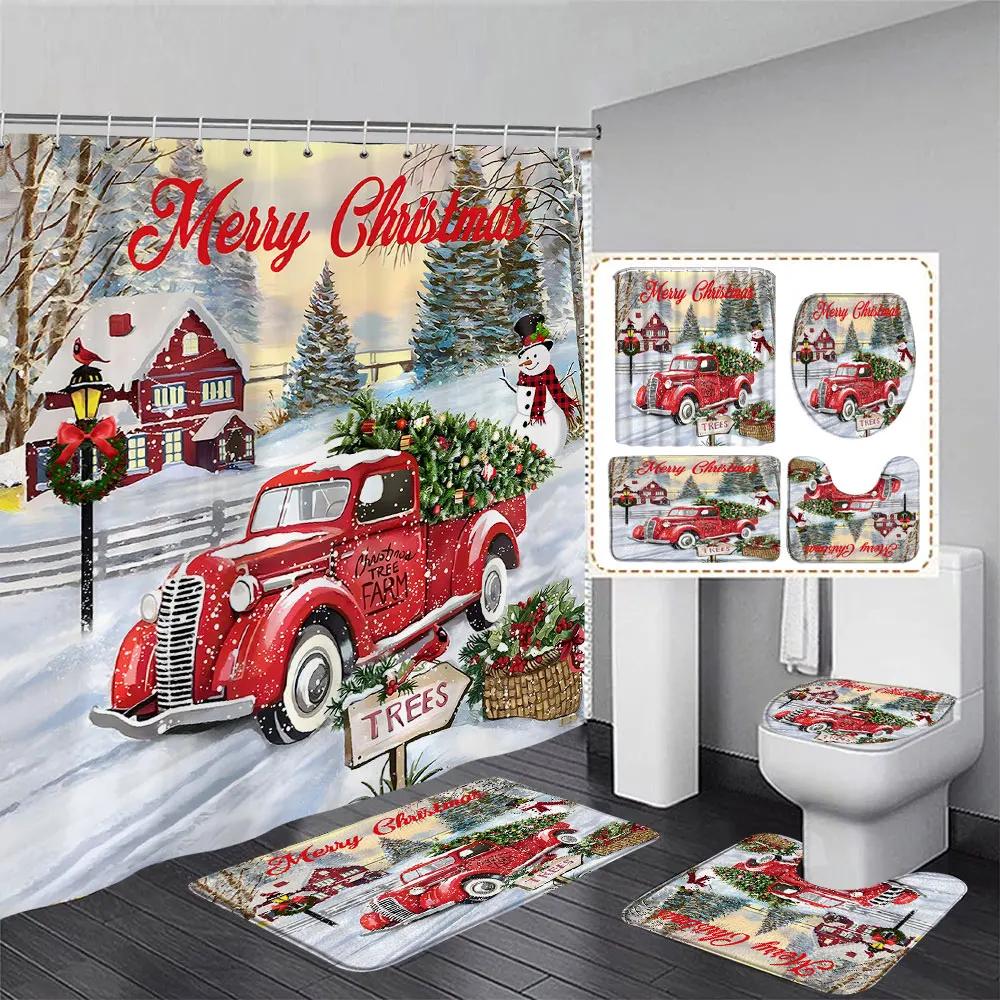 Niedlicher Schneemann-Weihnachts-Duschvorhang-Set, silberne Tannenzweige, Schneeflocken-Weihnachtskugeln, Badezimmer-Dekor, Teppich, Badematte, Toilettendeckelbezug