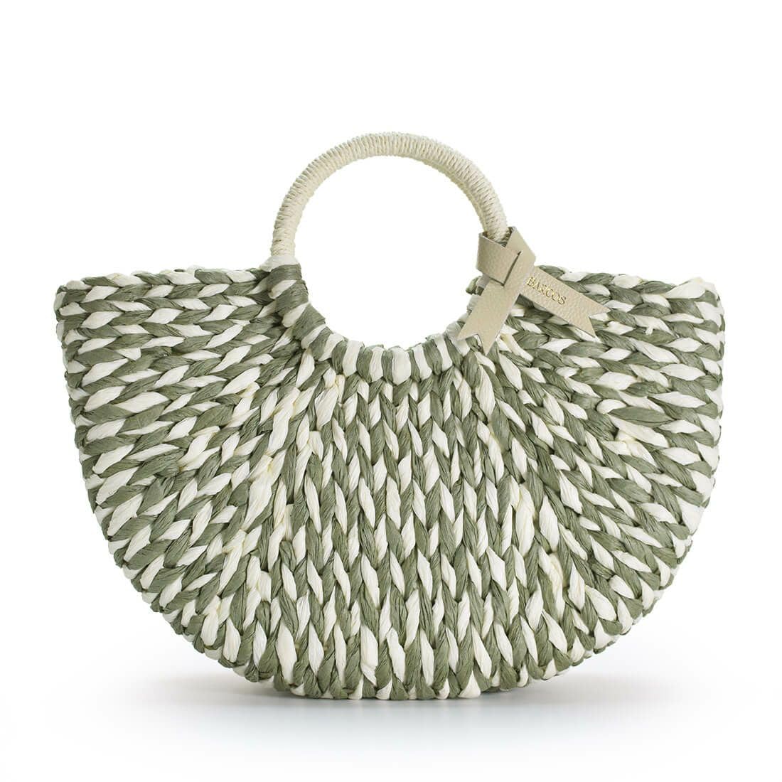 Двухцветная круглая плетеная сумка-корзина Barcos, смешанные цвета, идеально подходит для прогулок, зеленая с логотипом и кожаным брелоком