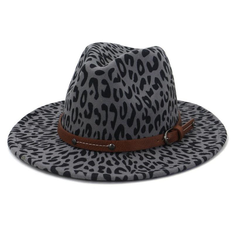 Men and Women European and American Big Eaves Hat Fashion Flat Hat Autumn and Winter British Style Leopard Print Woolen Jazz Top Hat MNDJS