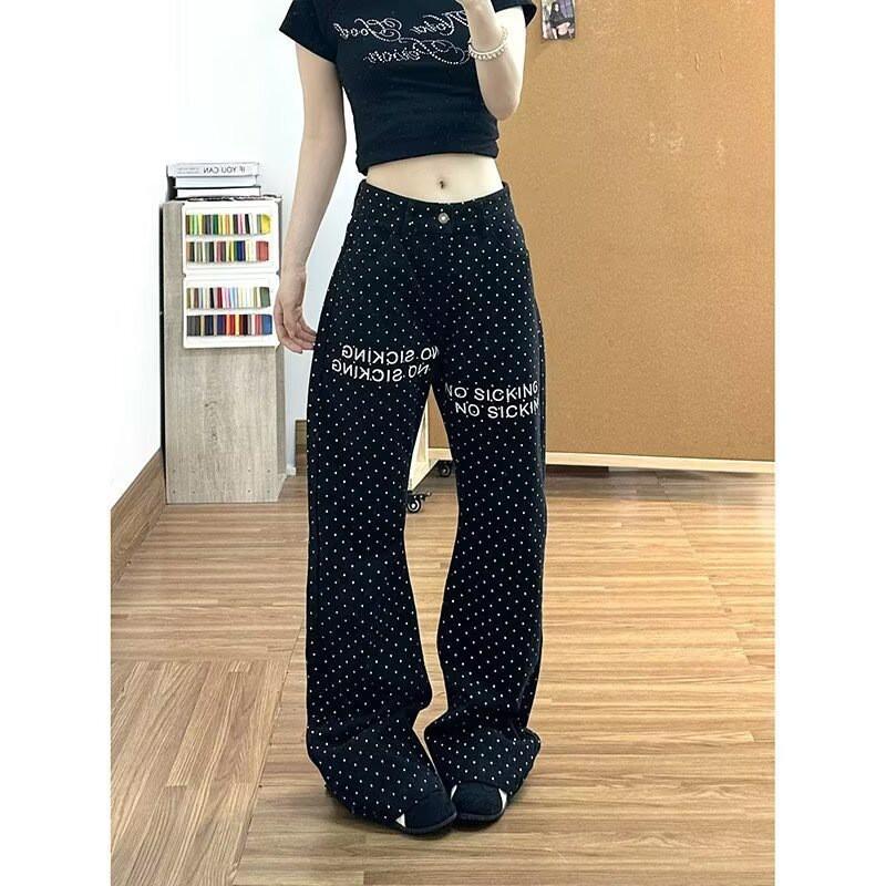 Dark Polka Dot Straight Leg Jeans Women 2026 Premium Black Denim Pants Trendy