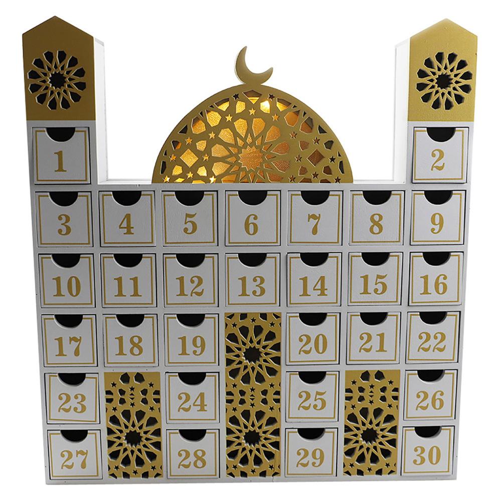 Schloss Ramadan Holz Countdown-Kalender DIY Adventskalender Holz Schublade Box Ornament mit LED-Licht für Eid Mubarak