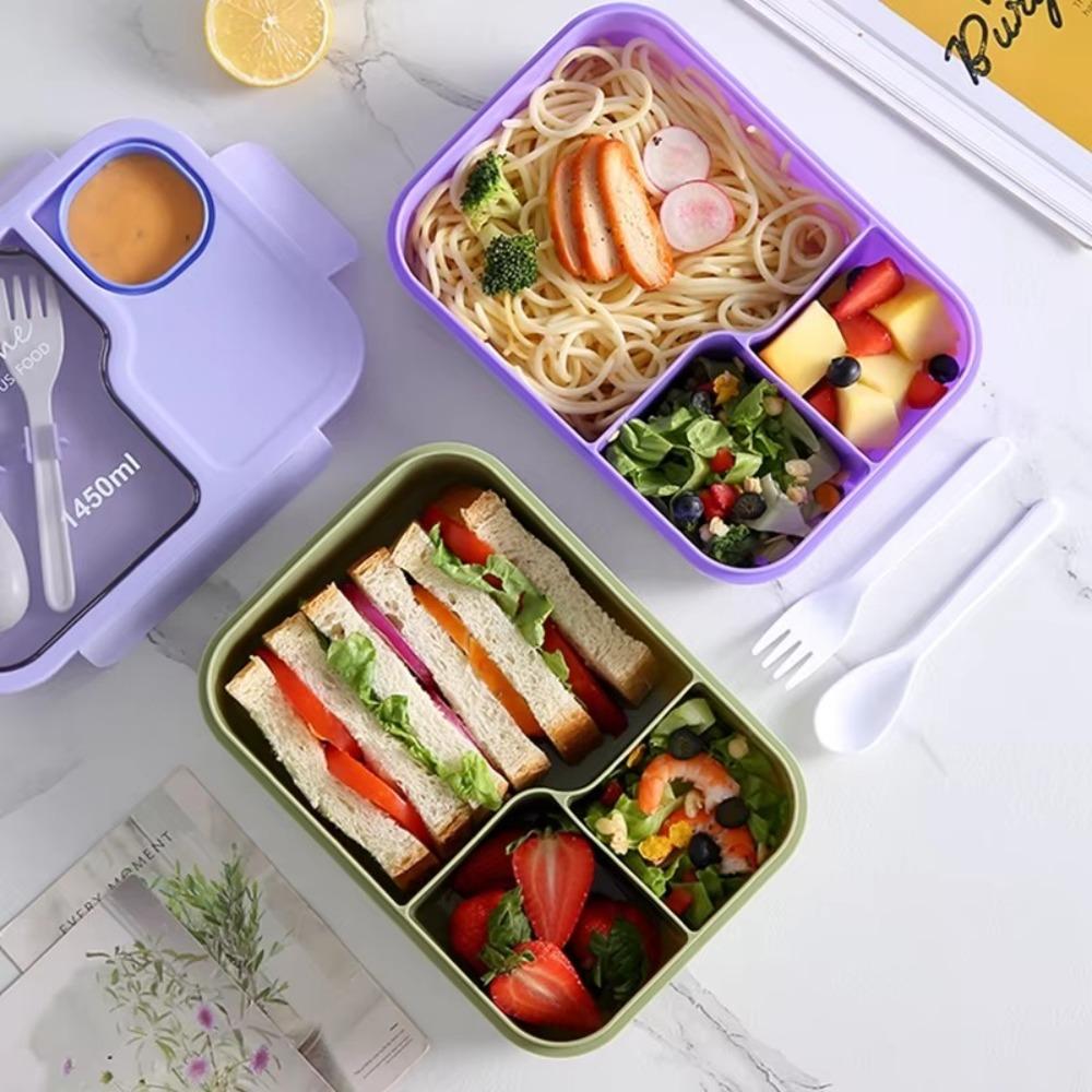 with Fork and Spoon Lunch Box 3 Grid Microwave Food Storage Container Snack Food Box  for Kids