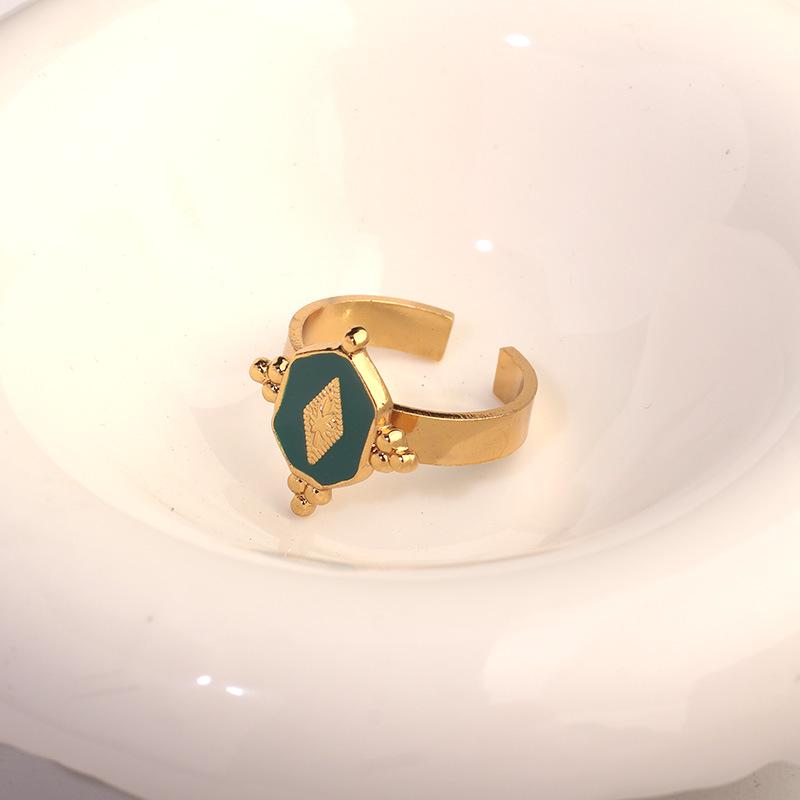 French Retro 18K Gold-Plated Stainless Steel Enamel Open Ring for Women