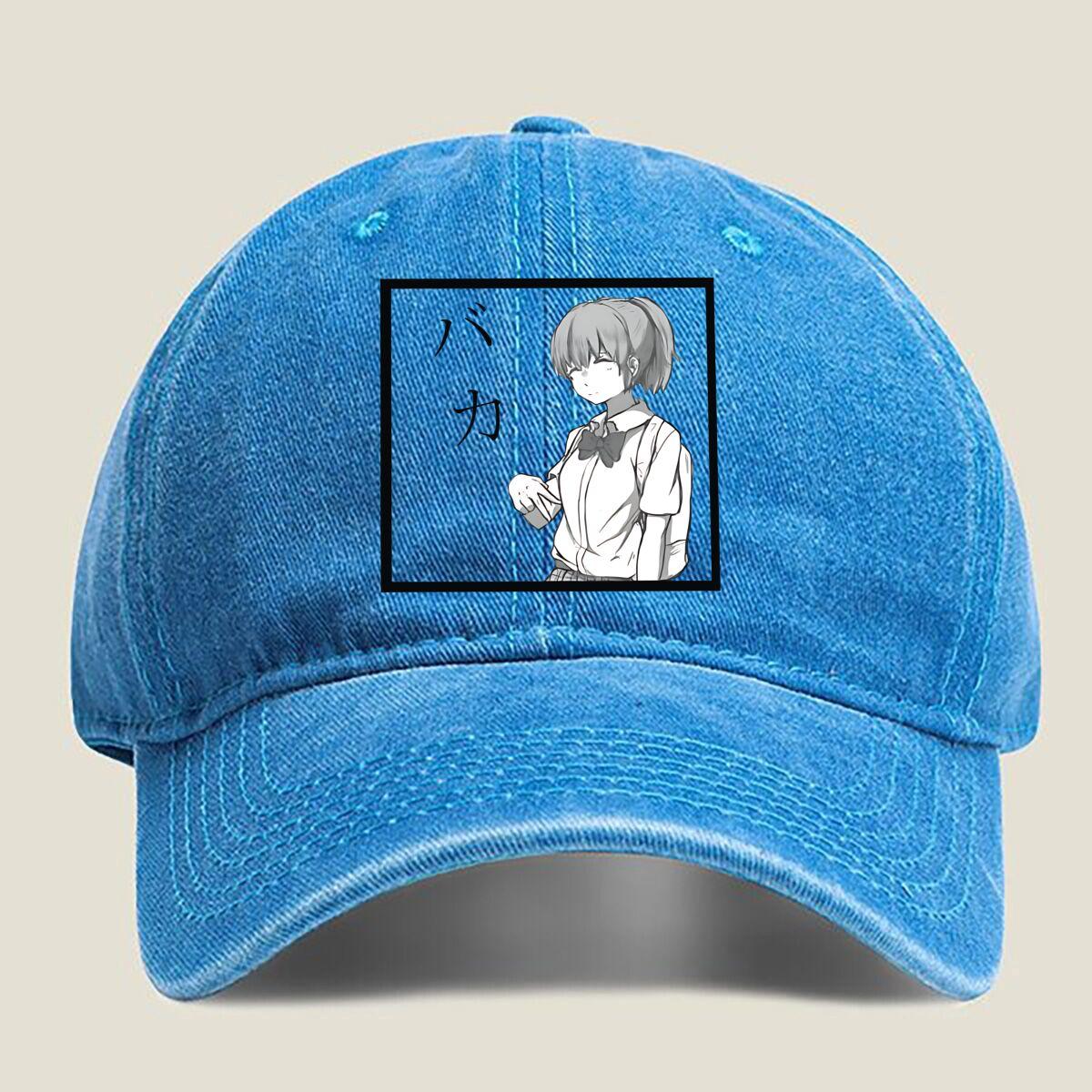 

Anime Girl with “Baka” Text Washed Baseball Cap One Size озеро синього кольору