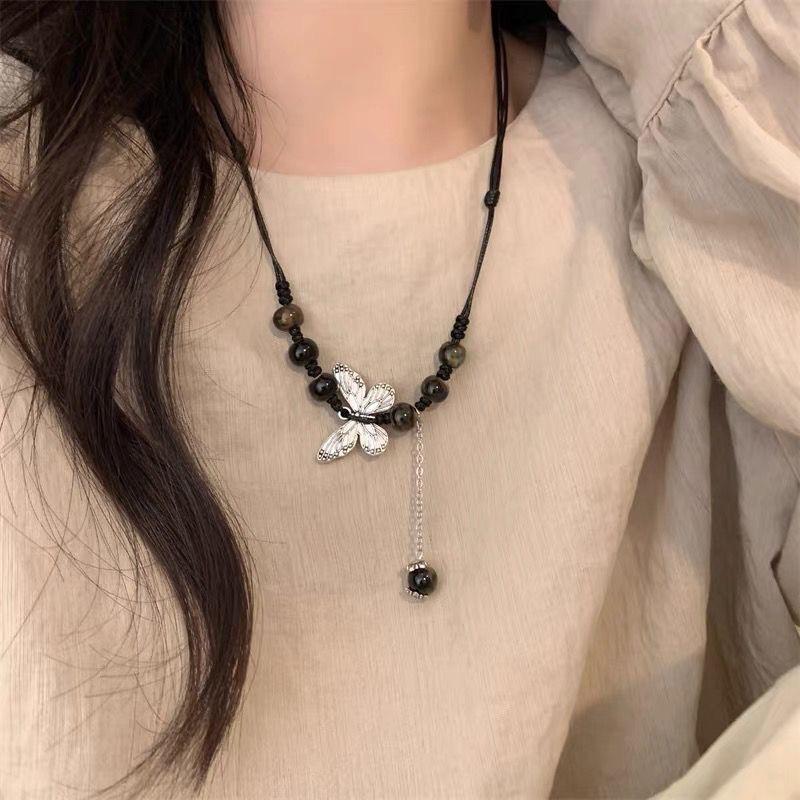 Butterfly necklace female ethnic style high sense retro natural stone beaded collarbone chain accessories female