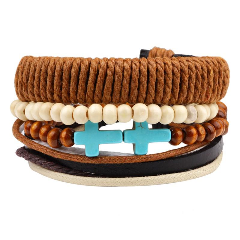 Men's Retro Multi-Strand Cowhide Anchor Bracelet Set with Wood Beads