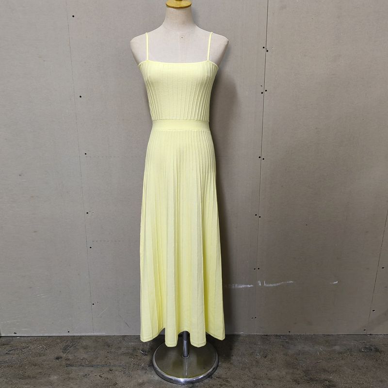 Pleated Long Skirt Summer Women clothes Slim fit High Waist Sling Knitted dress Vacation Pleated Long dress