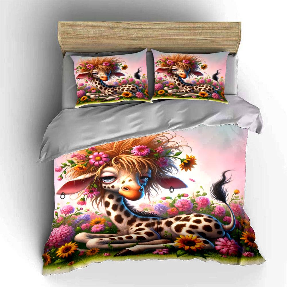 Lazy Giraffe Adorned With Flowers Duvet Cover Set With 3D Printing Design Soft Polyester Bedding Set All-Season Comfort