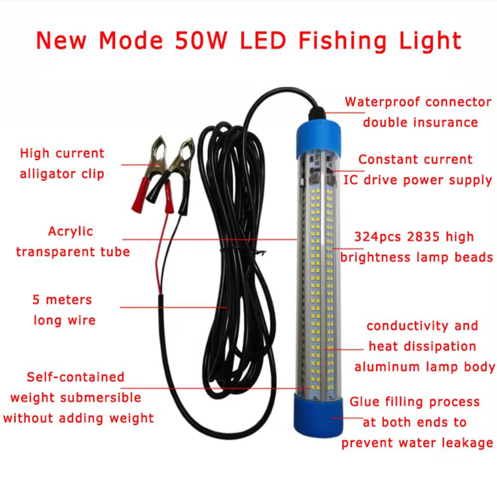 5M LED Dalgalı Balıkçılık Işığı Derin Suya İndirilebilir Sualtı Balık Çekici Yem Bulucu Lamba 50W 12-24V Kalamar Çekici Lamba IP68