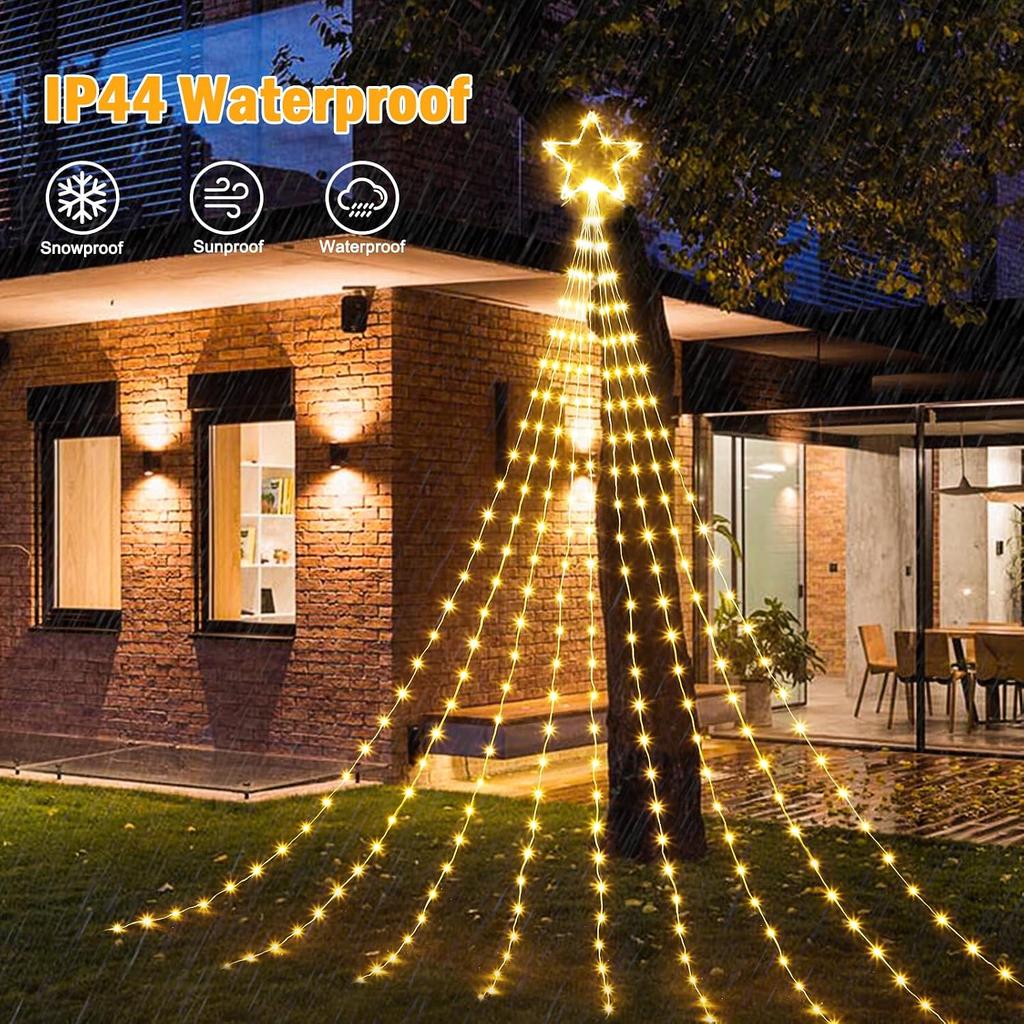 Christmas Decorations Star String Lights - 344 LED 11.8ft 9 Strands Waterfall Tree Lights with Topper Star, 8 Lighting Modes Christmas Lights Indoor