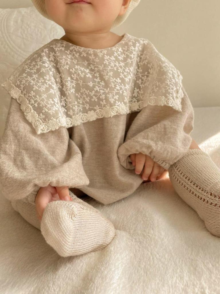 Baby Mädchen Herbst Spitzen Revers Baumwoll Jumpsuit - Langarm Krabbel Strampler