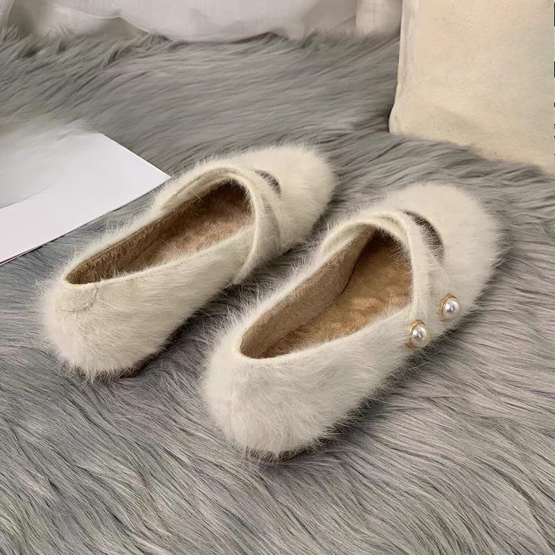 Scarpe pelose autunno e inverno nuove punta rotonda scollo basso perla cinturino unico suola morbida antiscivolo scarpe Mary Jane