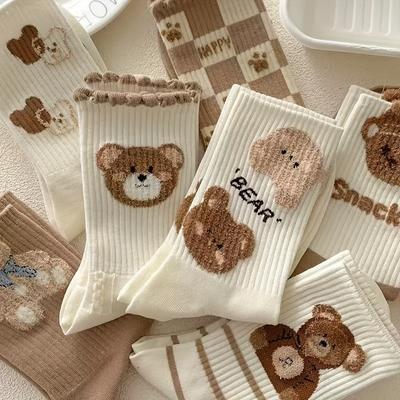 5 Pairs of Adorable Coffee-Colored Socks Women Comfortable Breathable Mid-Calf Socks with Playful Teddy Bear Designs Checkered Pattern Socks