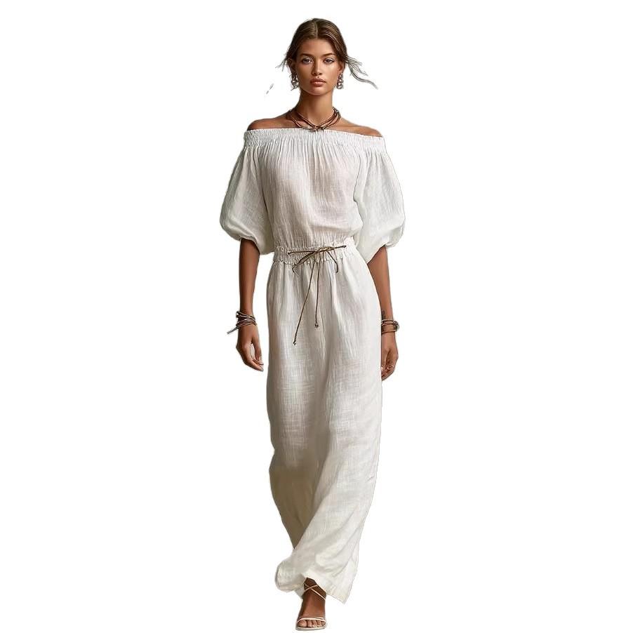 Amazon European and American Cross-border Summer New Elegant Casual Solid Color Medium Sleeve One-word Collar Women's Dress